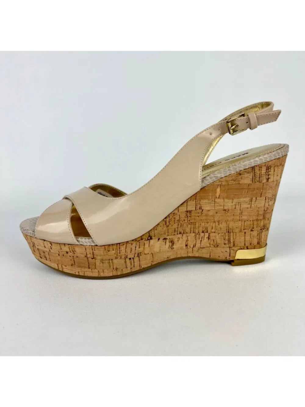 Marc Fisher Womens Wasin II Nude Tan Wedge Sandal Cork Platform Peep Toe size 9